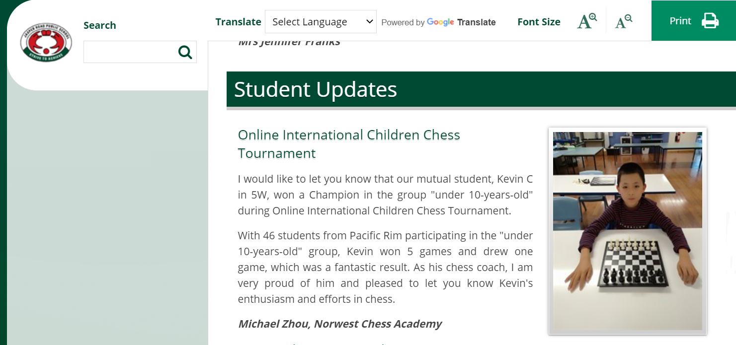 Kevin Chen won Champion in the International Challenge Tournament under 10